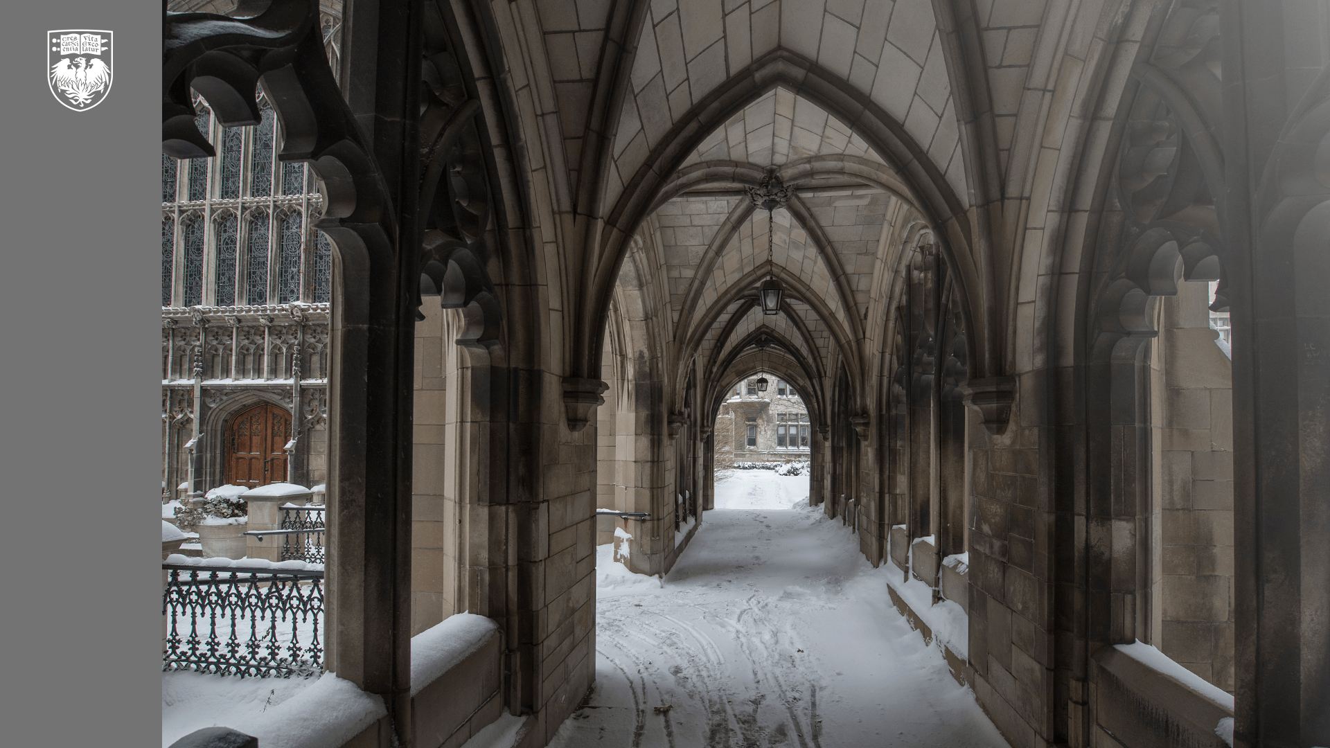 Snow in walkway with gothic arches and stone overhead