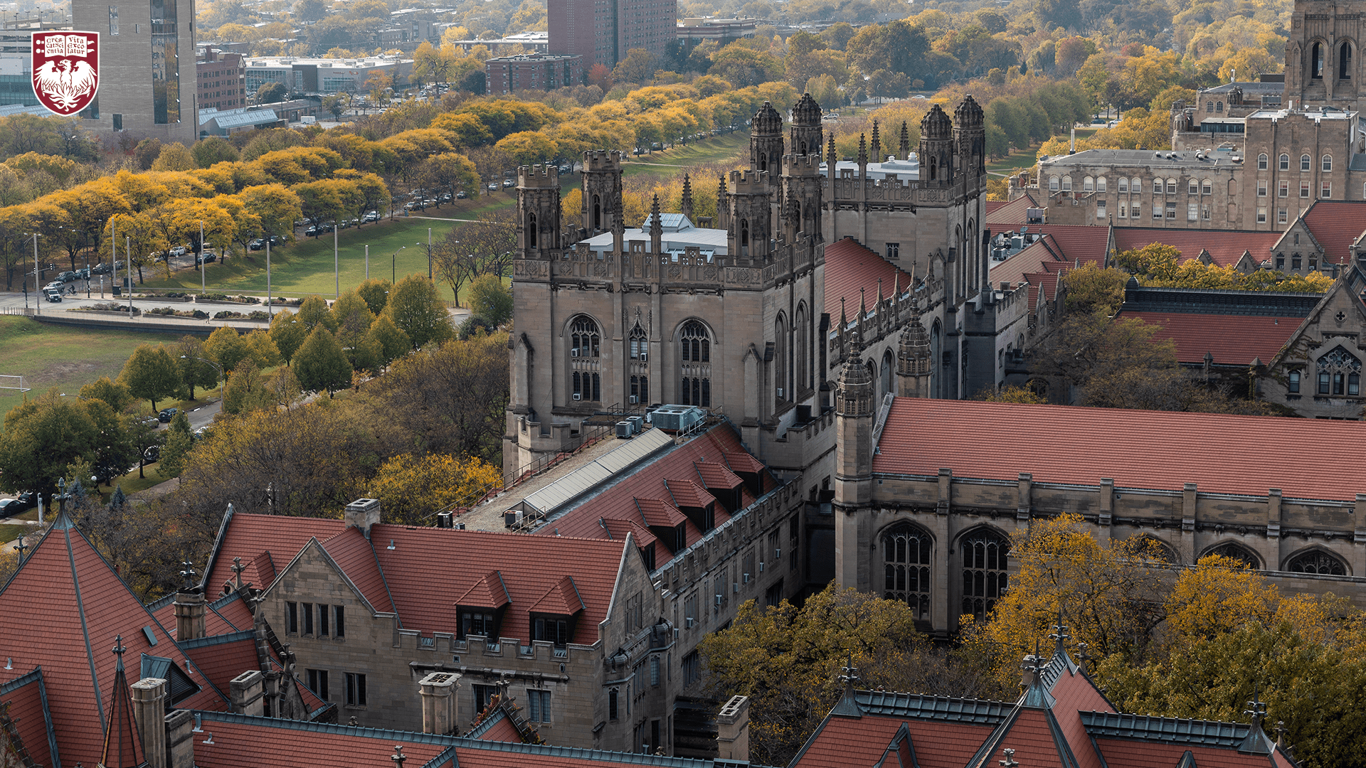 Gothic building rooftops with fall trees in the background