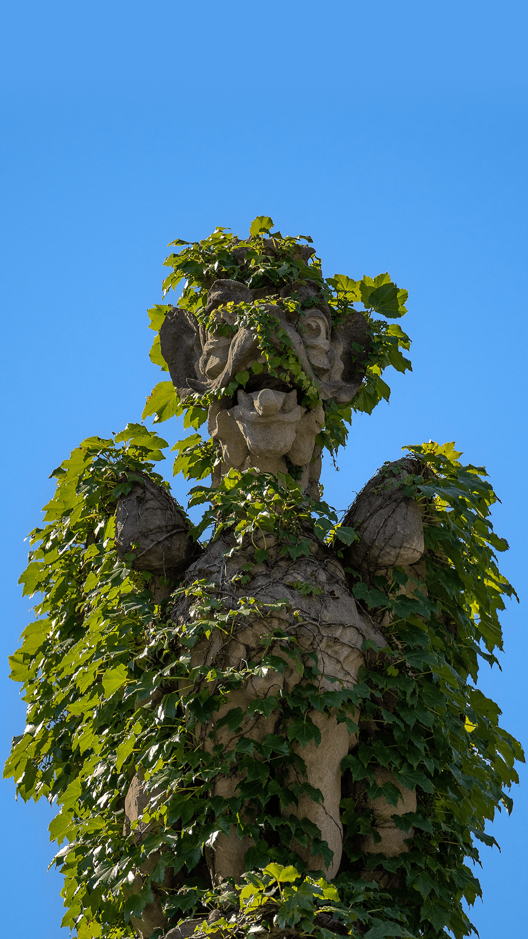 Gargoyle stone sculpture covered in green ivy against a blue sky
