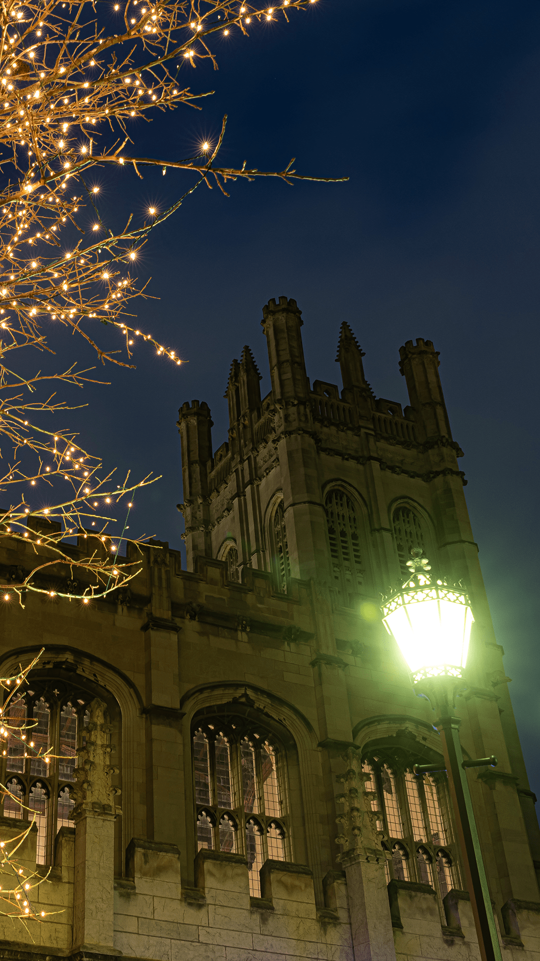 Yellow holiday lights with a gothic building in the background.