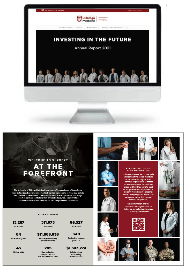 Surgery annual report front page on a computer and "At The Forefront" title from PDF version with photos of doctors.