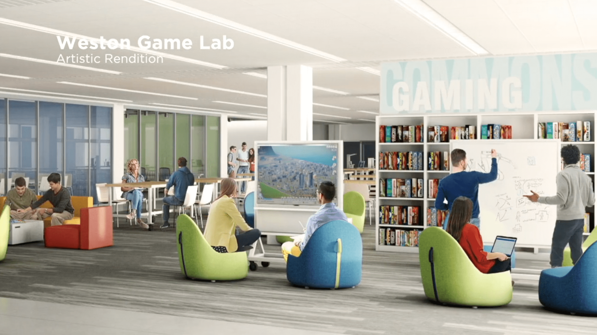 Artist rendering of students gaming open area of Westin game lab